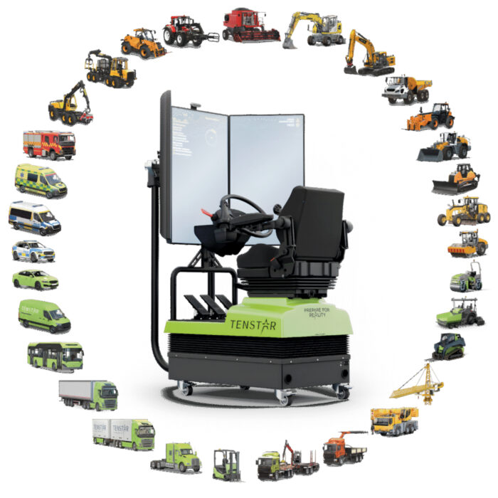 Ajosimulaattori sis&auml;lt&auml;&auml; yli 30 erilaista ty&ouml;konetta ja ajoneuvoa, leikkuupuimurista dumpperiin.